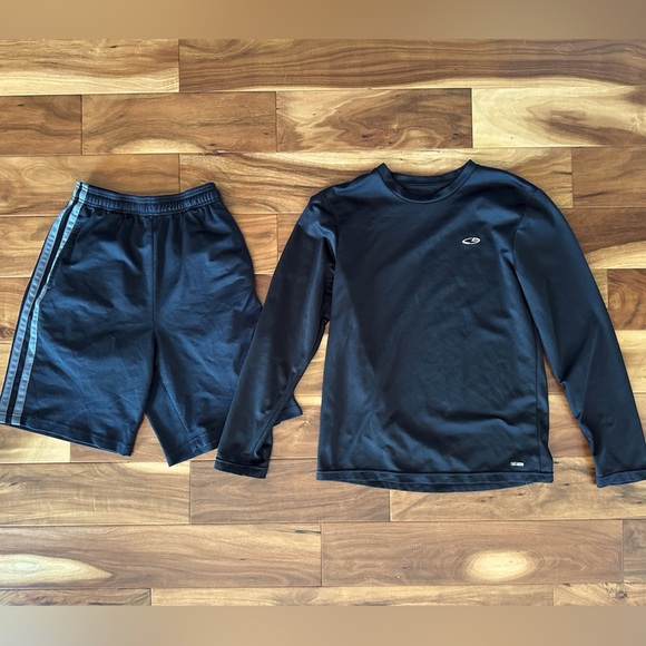 Champion Black Athletic Shorts with Grey Stripes & Long Sleeve Shirt size Small - Picture 1 of 5